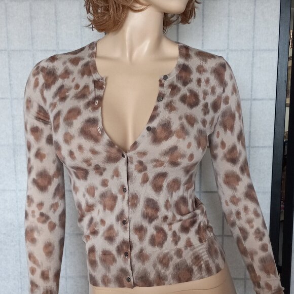 LOFT by Ann Taylor Petite XSP Brown Tan Leopard Merino Wool V-Neck Cardigan - Picture 1 of 7